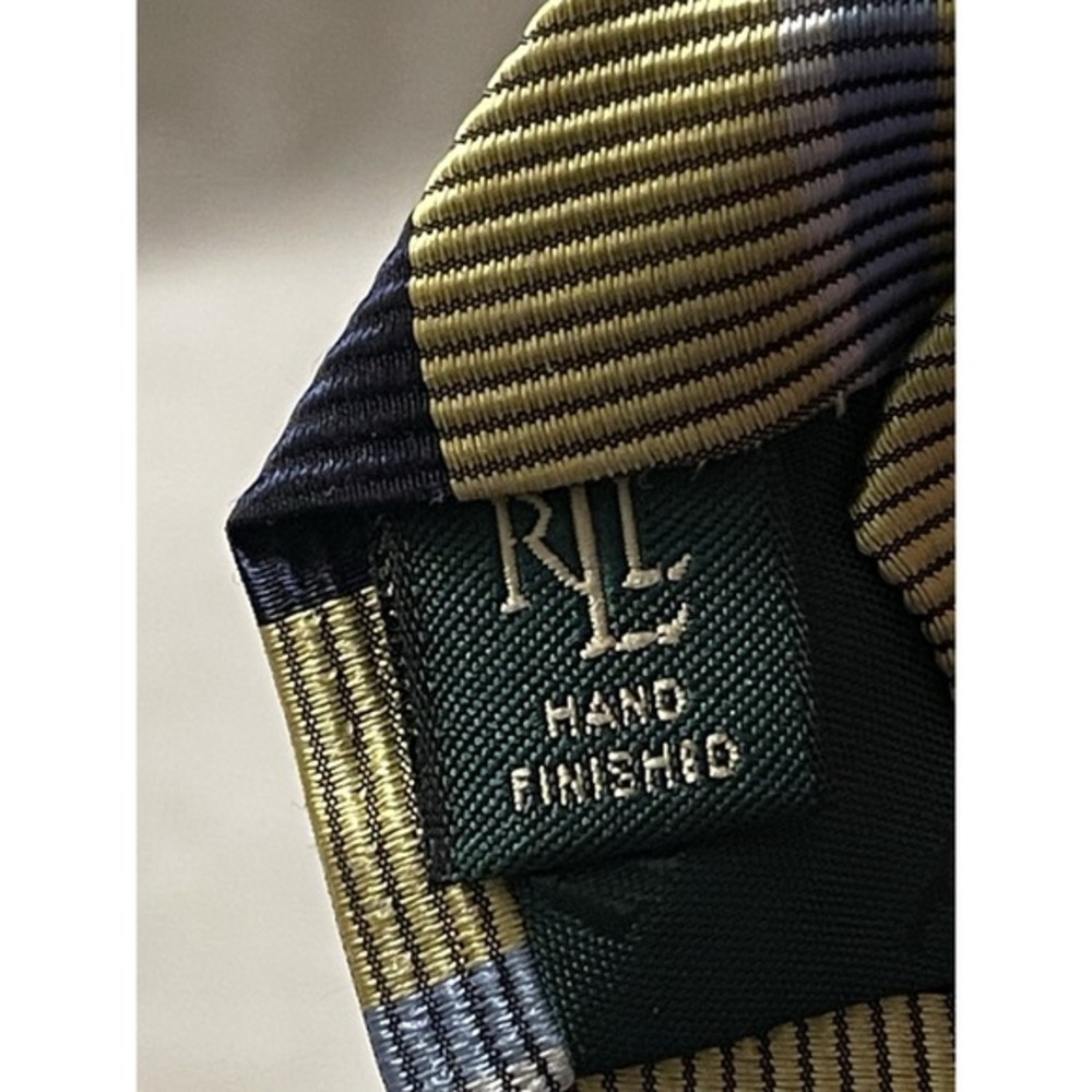Lauren Ralph Lauren Men's Striped Tie Made By Hand in USA Silk Blend Yellow Blue - Picture 4 of 5
